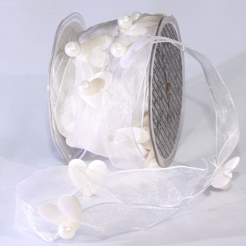 The Ribbon People White Organdy Hearts and Pearls Wired Craft Ribbon 1″ x 20 Yards