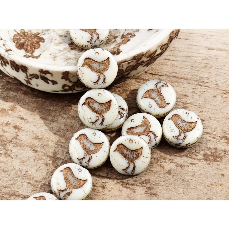 *15* 12mm Bronze Washed Opaque Beige Bird Coin Beads