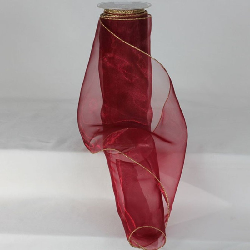 The Ribbon People Burgundy Red and Gold Colored Edge Wired Craft Organza Ribbon 9″ x 27 Yards
