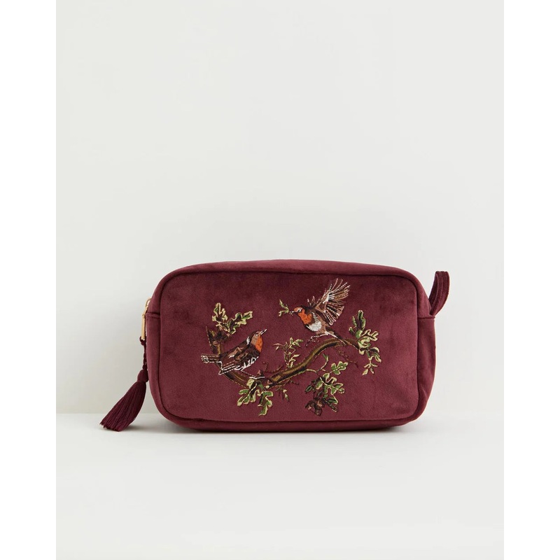 Fable England Robin Love Embroidered Pouch Redcurrent Velvet