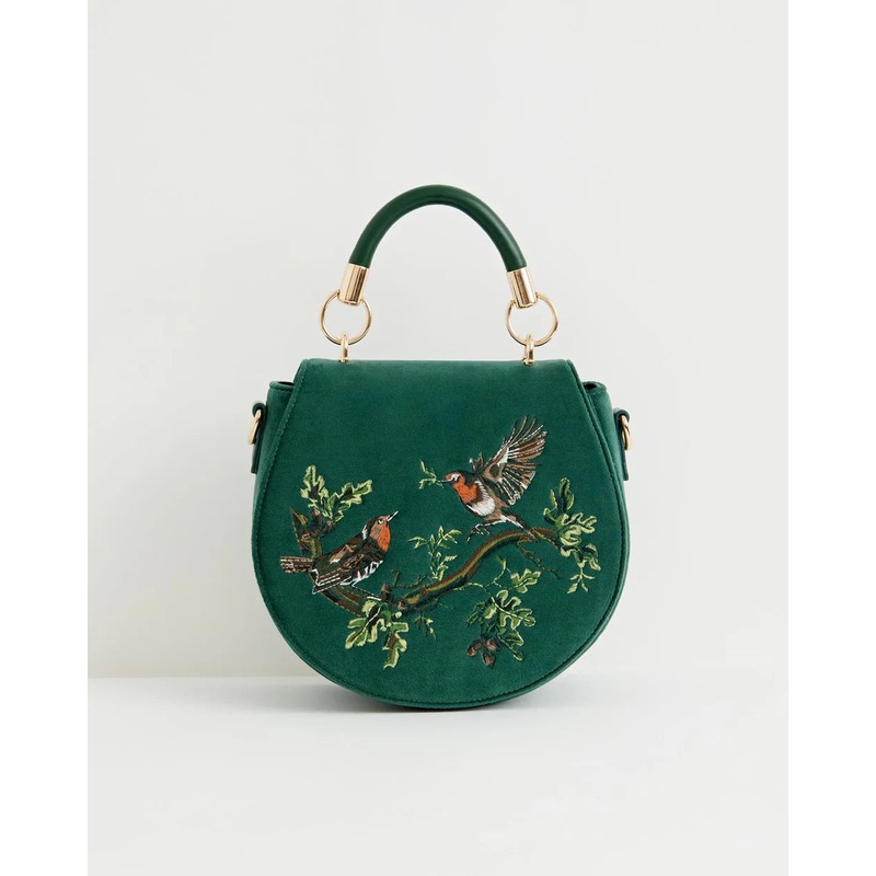 Fable England Robin Love Embroidered Saddle Bag Fern Green Velvet