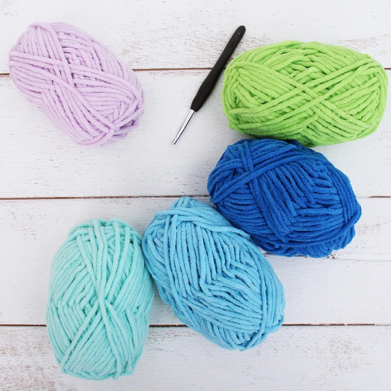 Super Soft Chenille Yarn Set – Ocean – Pack of 5 Skeins – #5-50 Gram Skeins – 60 yds Each