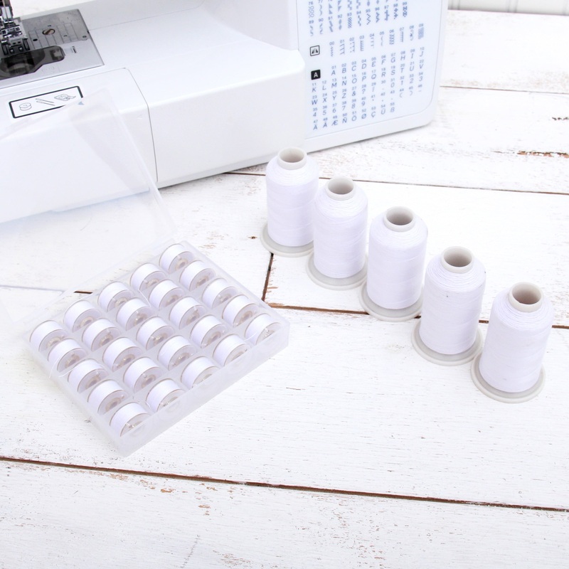 White Sewing Thread Set with Matching Prewound Bobbins