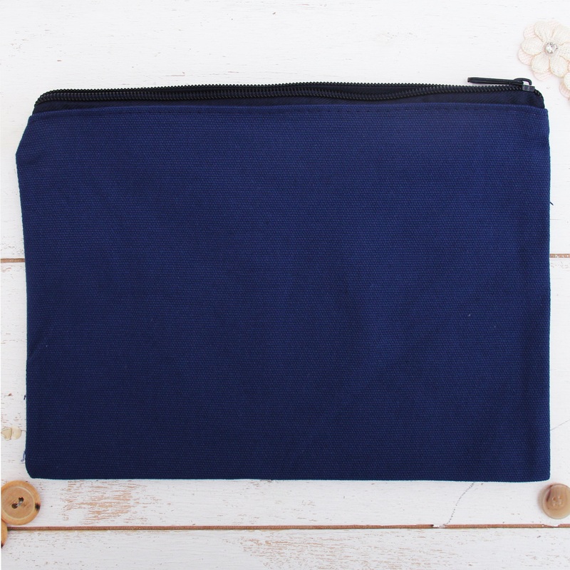Blank Large Canvas  Pouch With Zipper – Navy- For Pencils, Makeup, Crafts and More