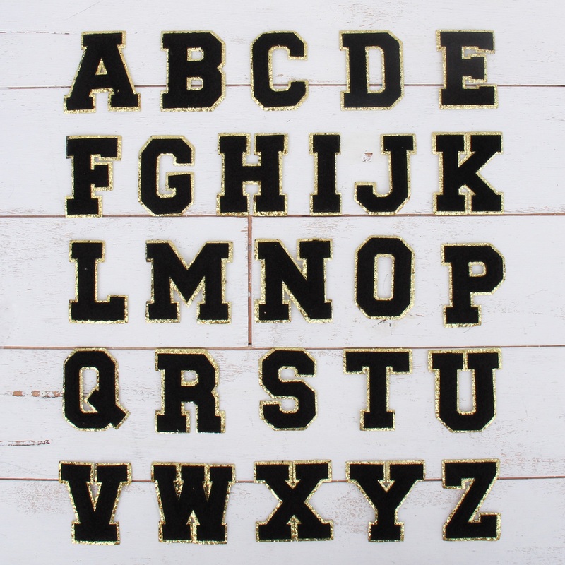 26 Black Chenille Letter Patches – Iron-On Full Alphabet – Large 8 cm Chenille with Gold Glitter