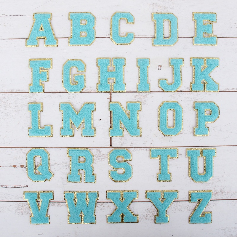 26 Blue Iron On Chenille Letter Patches – Full Alphabet – Large 8 cm Chenille with Gold Glitter