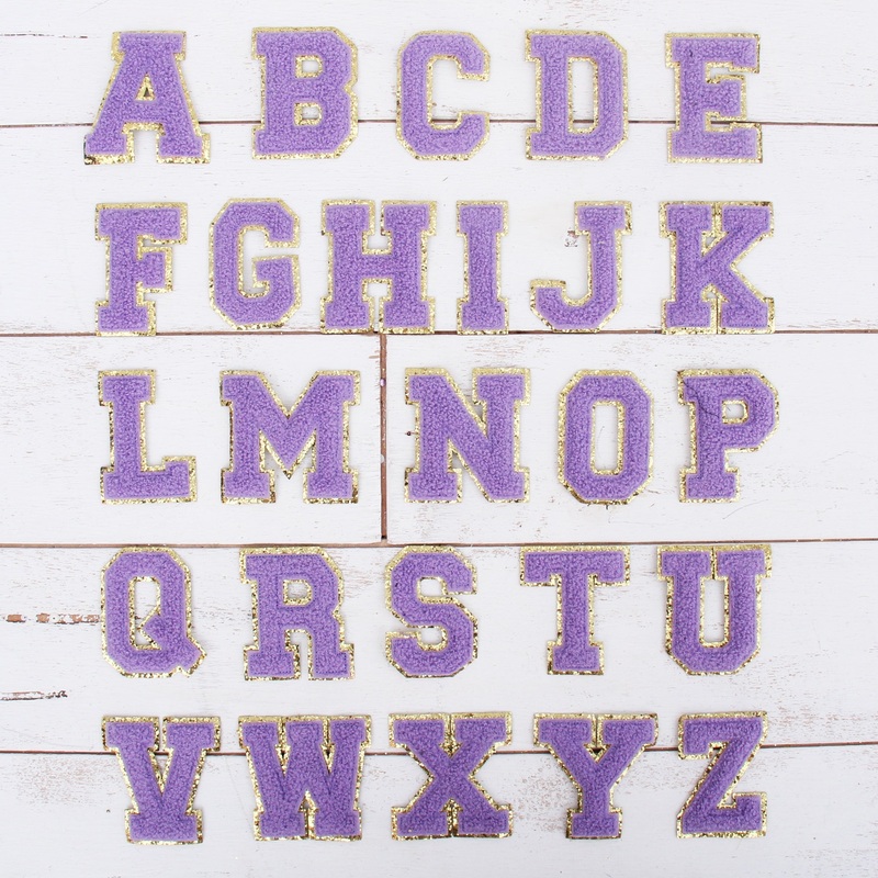 26 Letter Set of Lavender Chenille Letter Patches – Iron-On Full Alphabet – Small 5.5 cm Chenille with Gold Glitter