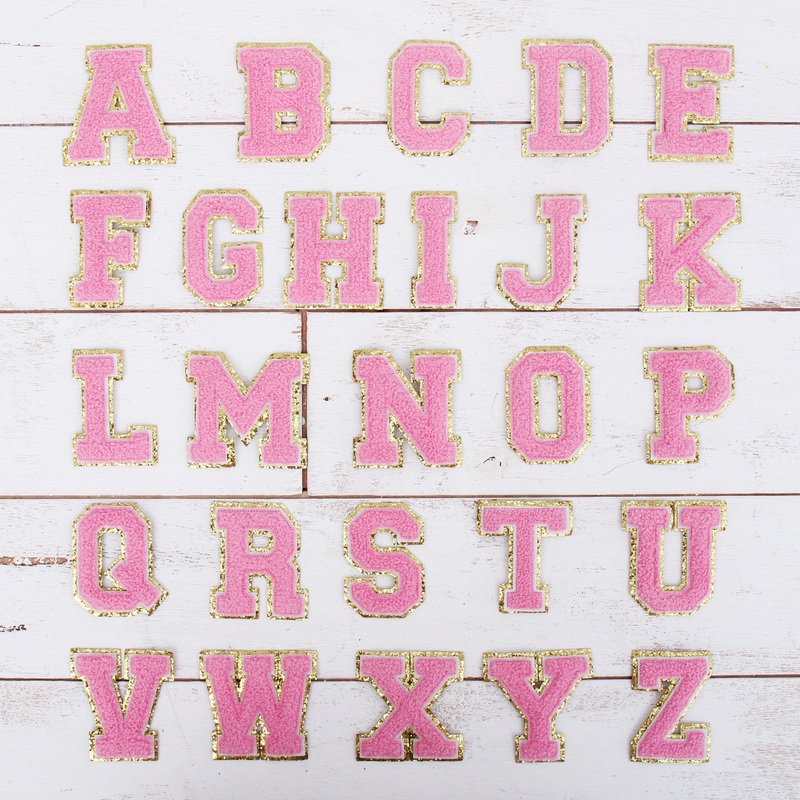 26 Letter Set of Pink Chenille Letter Patches – Iron-On Full Alphabet – Large 8 cm Chenille with Gold Glitter