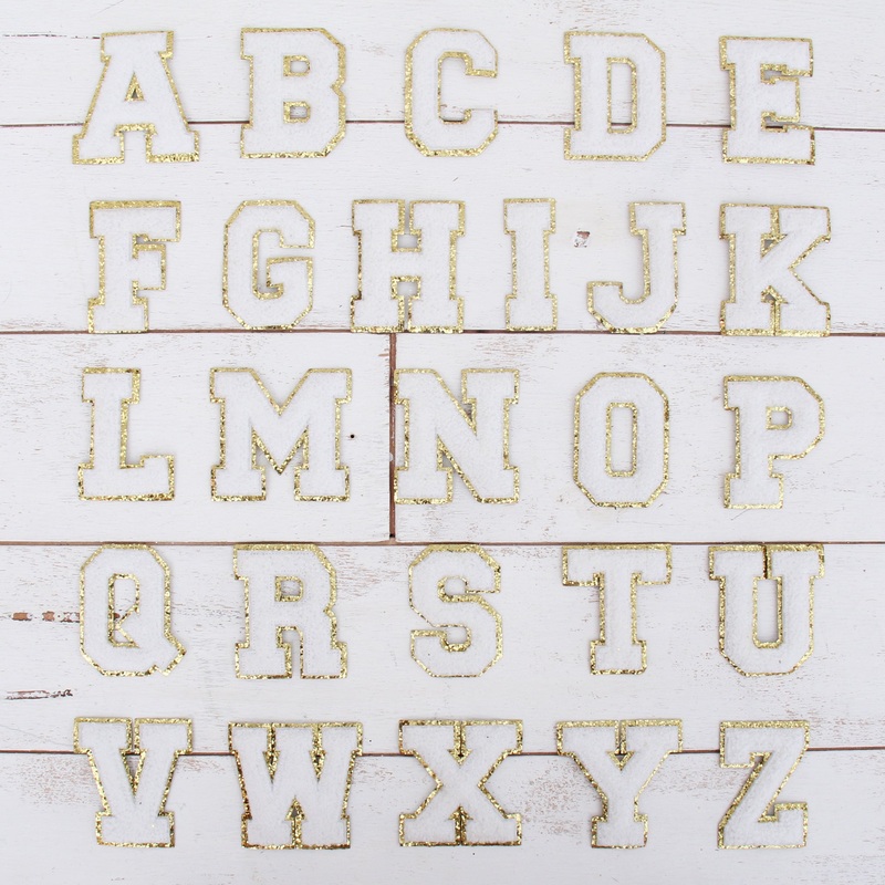 26 Letter Set of White Chenille Letter Patches – Iron-On Full Alphabet – Large 8 cm Chenille with Gold Glitter
