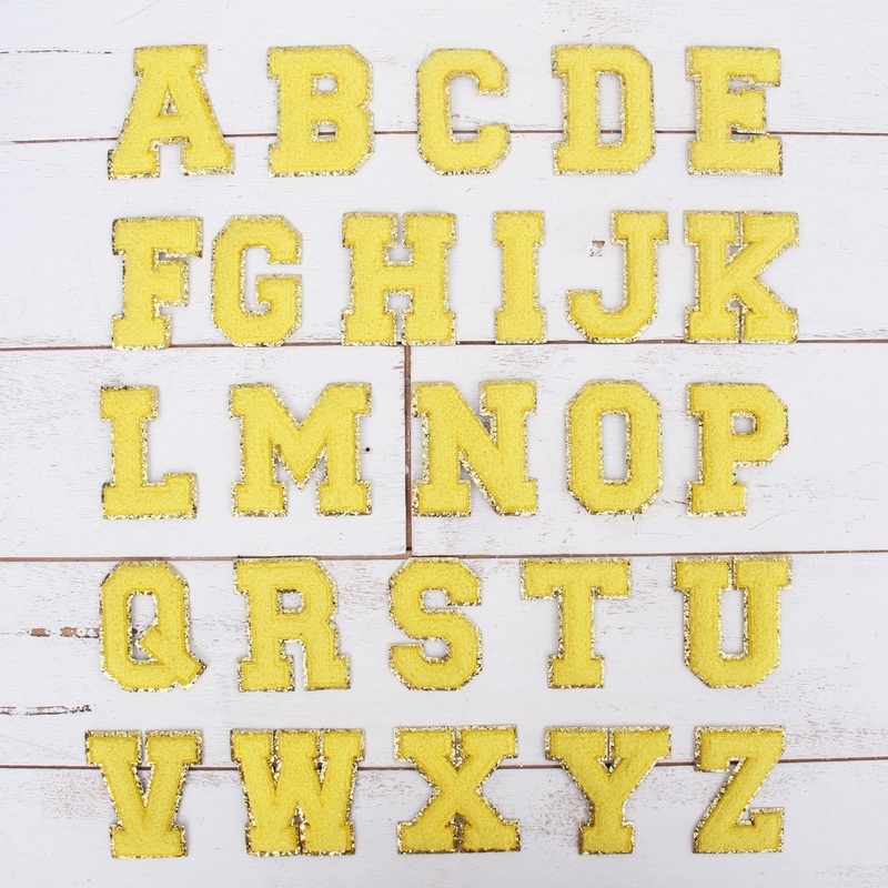 26 Letter Set of Yellow Chenille Letter Patches -Iron-On Full Alphabet – Small 5.5 cm Chenille with Gold Glitter