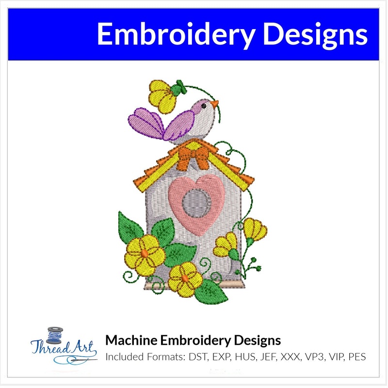 Bird on Birdhouse Spring Floral Embroidery Design Instant Download  – Multiple Sizes – 8 Formats – ThreadArt