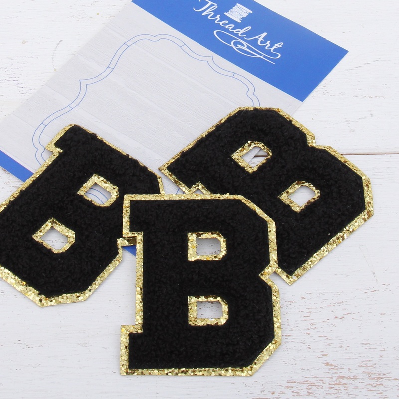 Black Chenille Letter Patches – Set of 3 Iron-On Letters – Small 5.5 cm Chenille with Gold Glitter