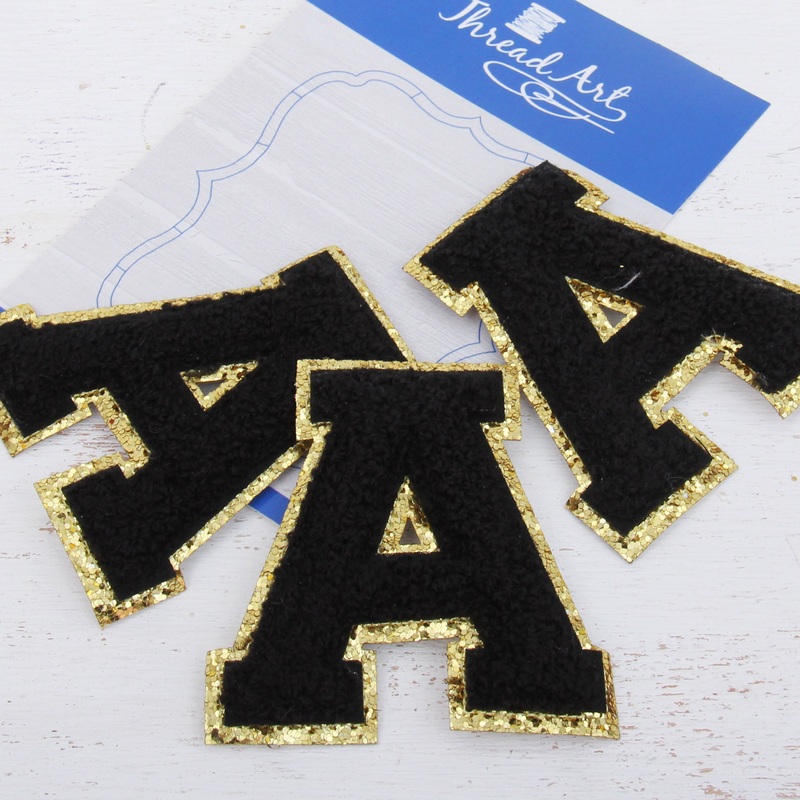 Black Chenille Letter Patches – Set of 3 Letters – Large 8 cm Chenille with Gold Glitter