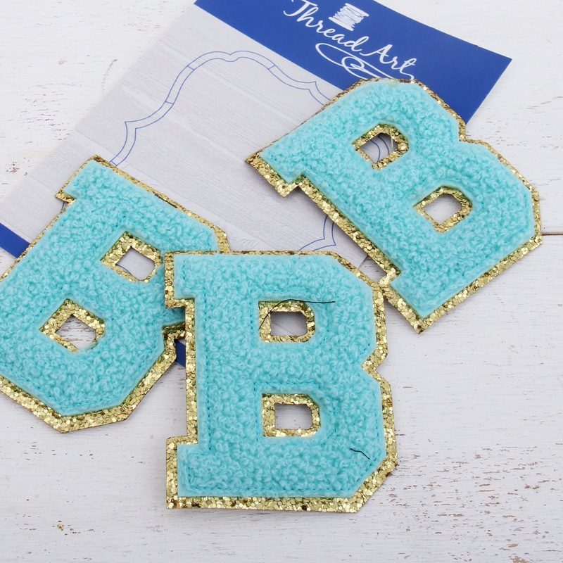 Blue Chenille Letter Patches – Set of 3 Iron-On Letters – Small 5.5 cm Chenille with Gold Glitter
