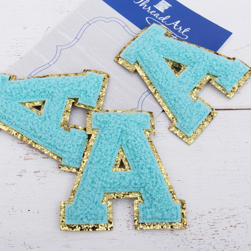 Blue Chenille Letter Patches – Set of 3 Letters – Large 8 cm Chenille with Gold Glitter