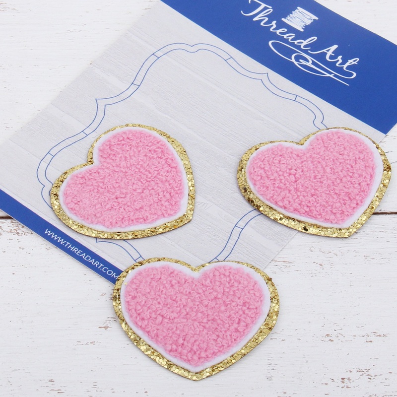 Iron On Chenille Patches – Set of 3 Hearts Chenille with Gold Glitter – Six Different Colors