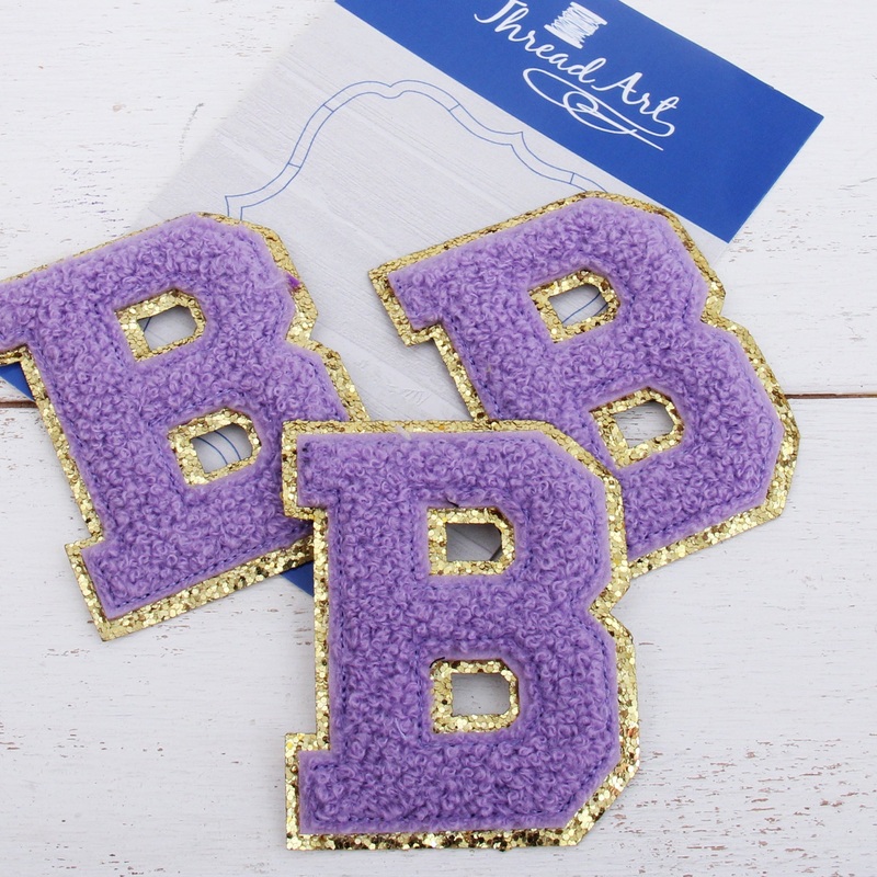 Lavender Chenille Letter Patches – Set of 3 Iron-On Letters – Small 5.5 cm Chenille with Gold Glitter