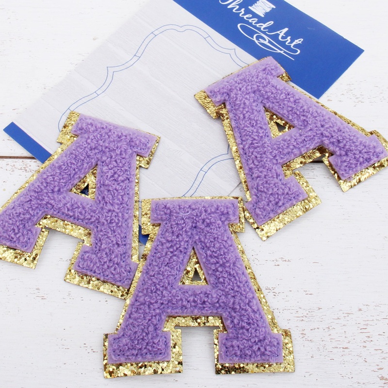 Lavender Chenille Letter Patches – Sets of 3 Letters – Large 8 cm Chenille with Gold Glitter