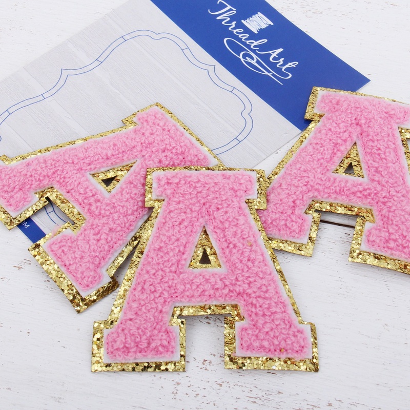 Pink Chenille Letter Patches – Sets of 3 Letters – Large 8 cm Chenille with Gold Glitter