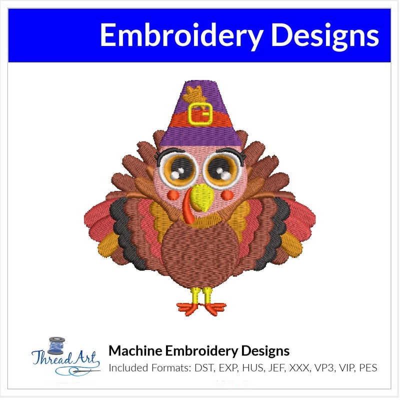 Turkey Embroidery Design Instant Download Cute Turkey Thanksgiving – 3 Sizes – 8 Formats – ThreadArt