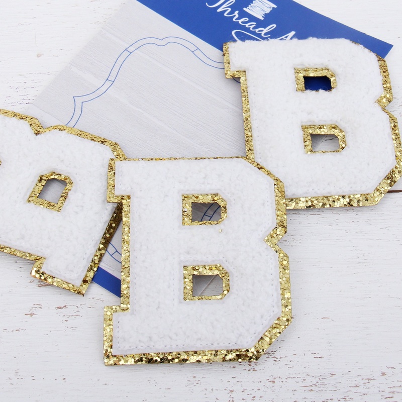 White Chenille Letter Patches – Set of 3 Iron-On Letters – Small 5.5 cm (2.25 in) Chenille with Gold Glitter