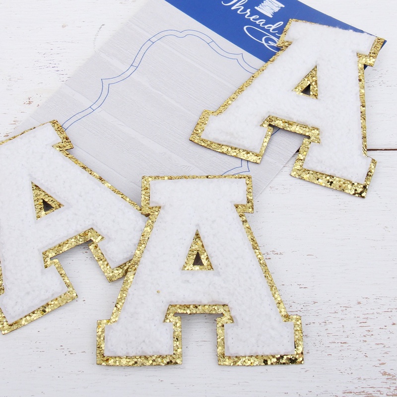 White Chenille Letter Patches – Sets of 3 Letters – Large 8 cm Chenille with Gold Glitter