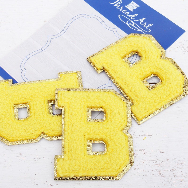 Yellow Chenille Letter Patches -Set of 3 Iron-On Letters – Small 5.5 cm Chenille with Gold Glitter