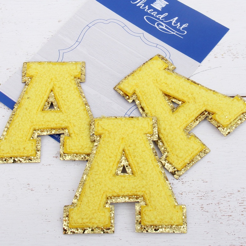 Yellow Chenille Letter Patches -Sets of 3 Letters  -Large 8 cm Chenille with Gold Glitter