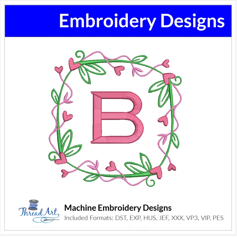 Valentine Vines Monogram Frame Embroidery Design Instant Download – 3 Sizes – 8 Formats – ThreadArt