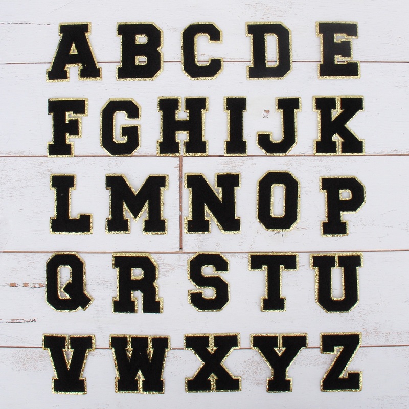 26 Black Chenille Letter Patches – Iron-On Full Alphabet – Small 5.5 cm Chenille with Gold Glitter