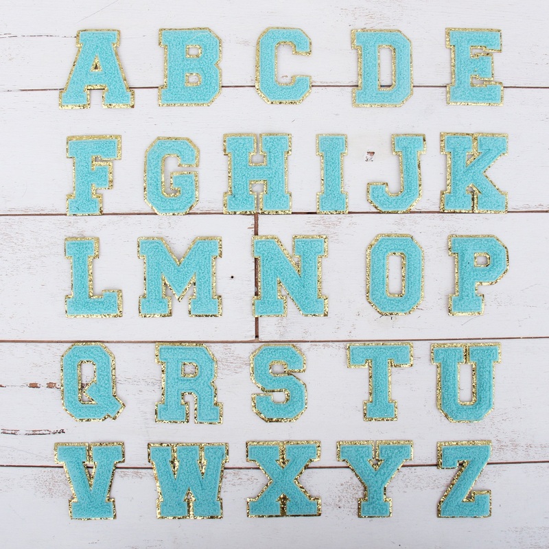 26 Letter Set of Blue Chenille Letter Patches – Iron-On Full Alphabet – Small 5.5 cm Chenille with Gold Glitter