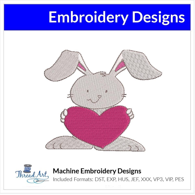 Valentine Bunny with Heart Machine Embroidery Design Instant Download – 5 Sizes – 8 Formats – ThreadArt