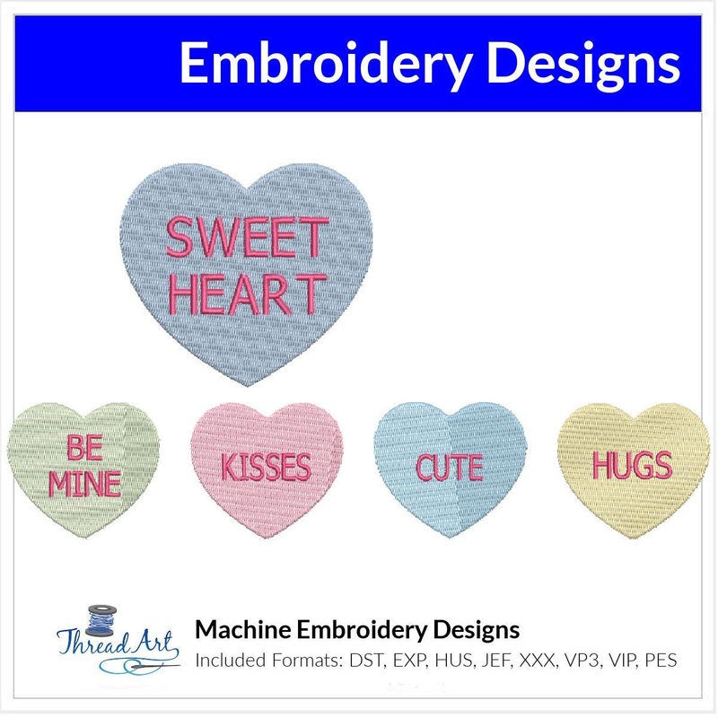 Valentine Candy Heart Designs Single and Row Embroidery Design Instant Download – 12 Variations & Sizes – 8 Formats – ThreadArt