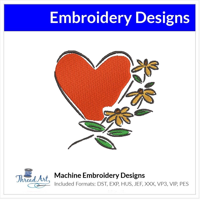 Valentine Heart Sketch with Flowers Machine Embroidery Design Instant Download – 4 Sizes – 8 Formats – ThreadArt