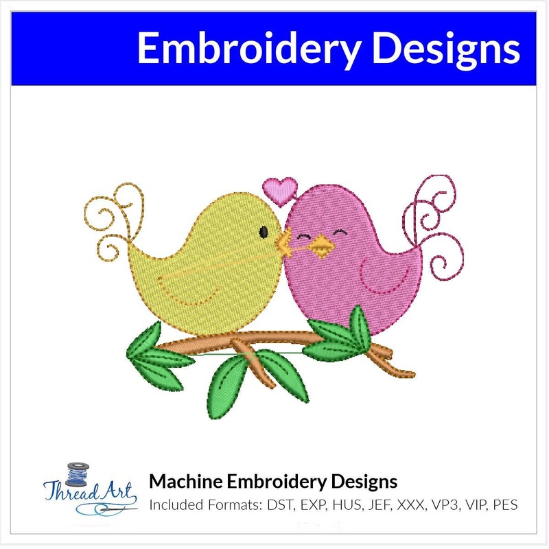 Valentine Love Birds Machine Embroidery Design Instant Download – 3 Sizes – 8 Formats – ThreadArt