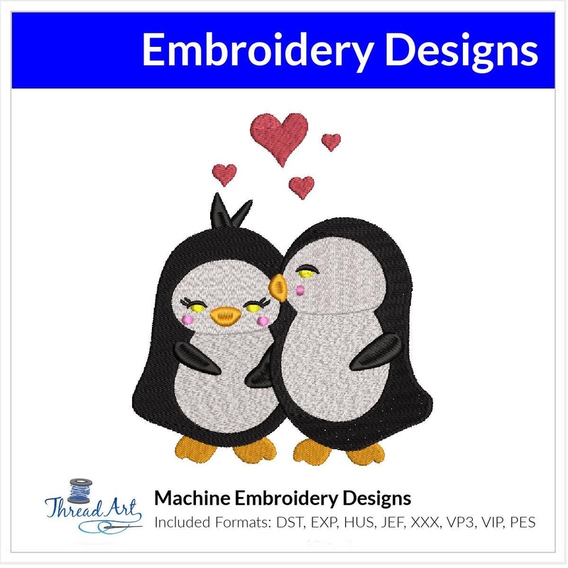 Valentine Penguins in Love Machine Embroidery Design Instant Download – 3 Sizes – 8 Formats – ThreadArt