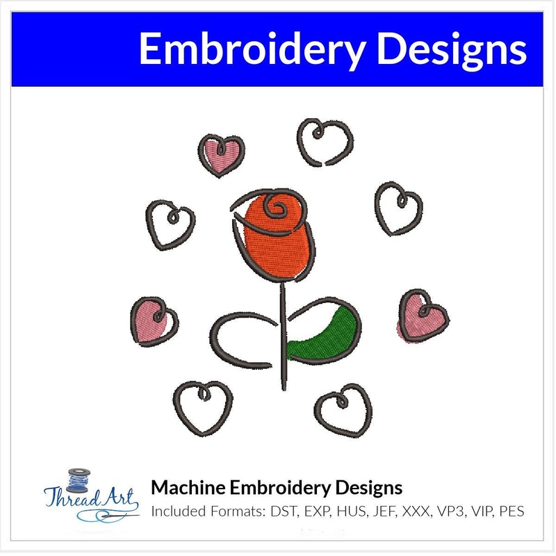 Valentine Rose Sketch With Hearts Machine Embroidery Design Instant Download – 4 Sizes – 8 Formats – ThreadArt