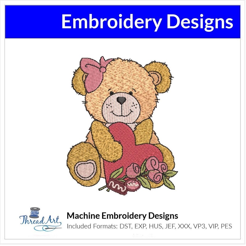 Valentine Teddy Bear with Heart Machine Embroidery Design Instant Download – 3 Sizes – 8 Formats – ThreadArt