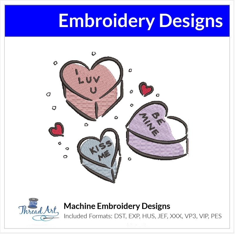 Valentine Trio of Candy Heart Machine Embroidery Design Instant Download – 6 Sizes – 8 Formats – ThreadArt