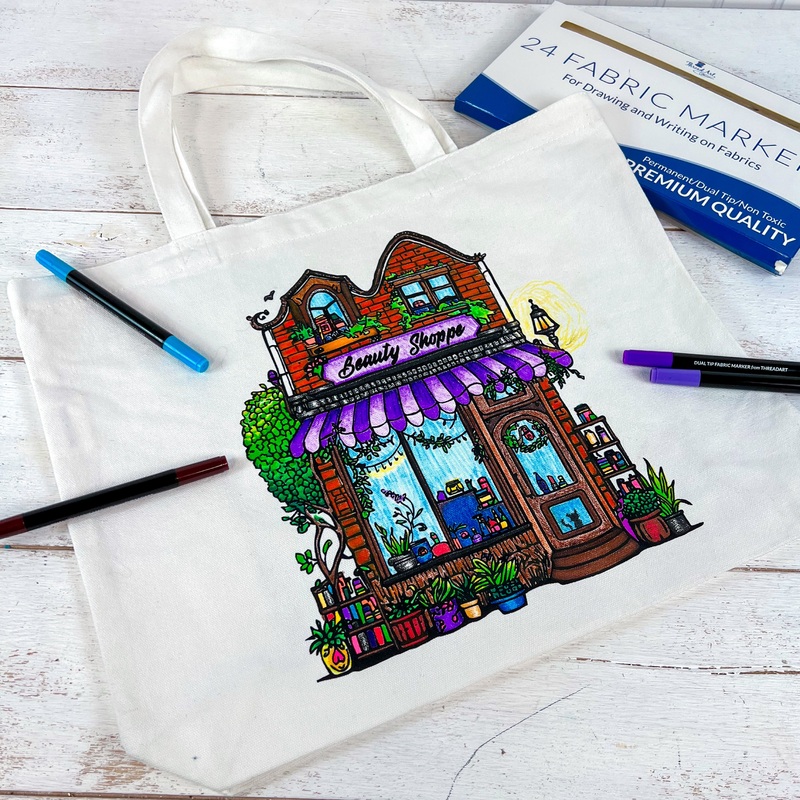 Color Your Own Tote Bag – Beauty Shoppe Design – Tote Bag and Fabric Marking Pens Included With Set
