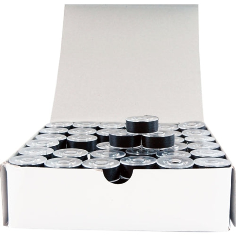 Prewound Embroidery Bobbins – 144 Count Per Box – Black Plastic Sided – L Style