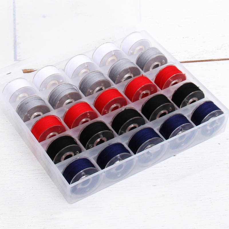 Prewound Sewing Bobbins – 25 Count – 5 Popular Colors – Thread for Sewing Machine With Storage Box
