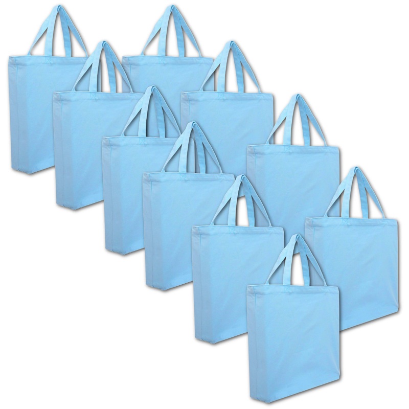 10 Pack of Blank Canvas Tote Bags – Light Blue – 100% Cotton- 14.5x17x3