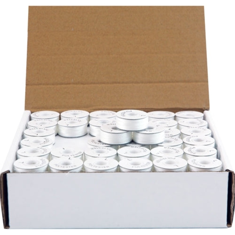 Prewound Embroidery Bobbins – 144 Count Per Box – White Cardboard Sided – L Style