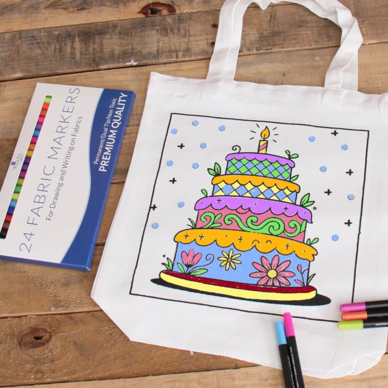Color Your Own Tote Bag – Cake Design – Tote Bag and Fabric Marking Pens Included With Set
