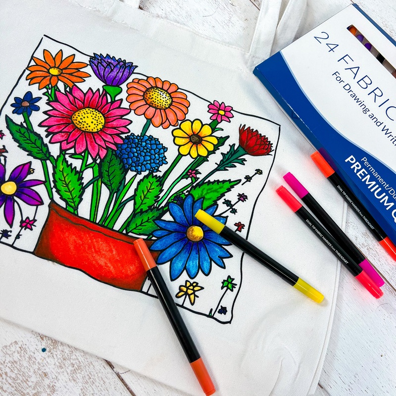 Color Your Own Tote Bag – Flower Design – Tote Bag and Fabric Marking Pens Included With Set