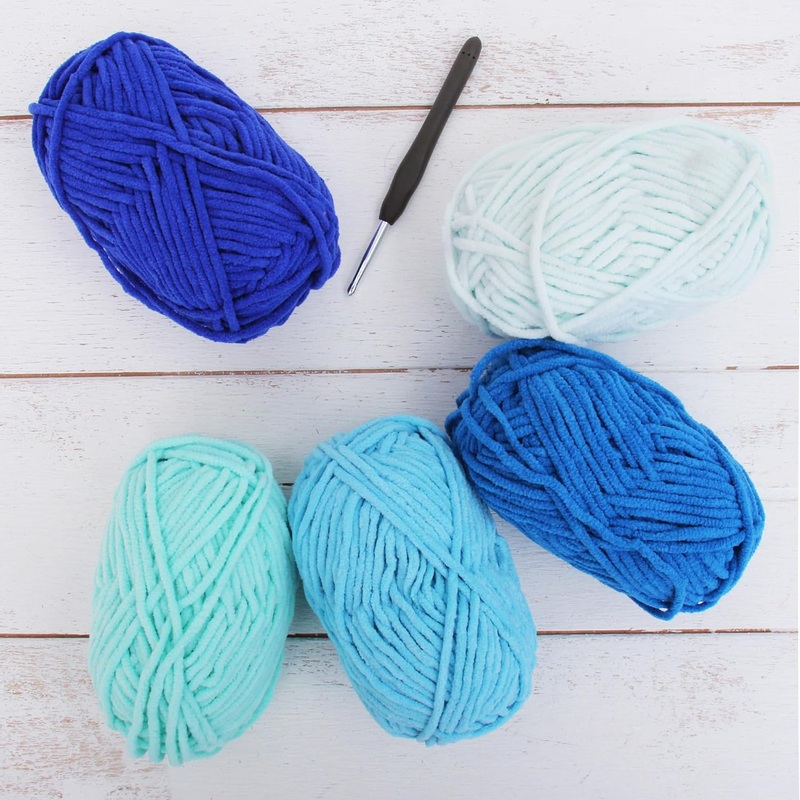 Super Soft Chenille Yarn Set – Blues – Pack of 5 Skeins – #5-50 Gram Skeins – 60 yds each