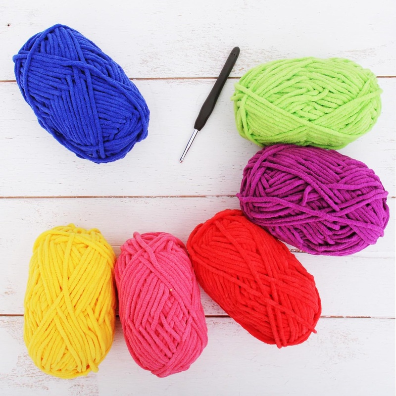 Super Soft Chenille Yarn Set – Rainbow – Pack of 6 Skeins – #5-50 Gram Skeins – 60 yds Each