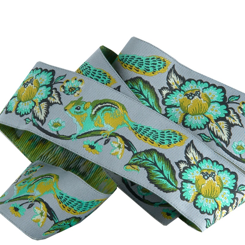 Mint and Green on Grey Chipmunk ribbon Tula Pink – 1-1/2″- by the yard