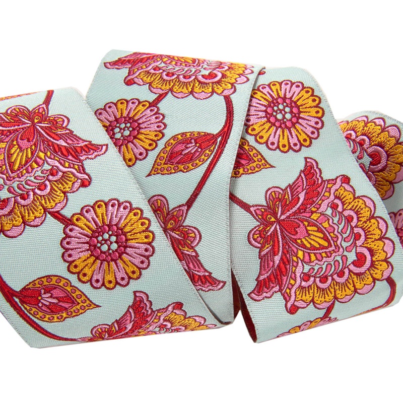 Paisley Floral Pastel Strawberry on Aqua – 2″ -by the yard